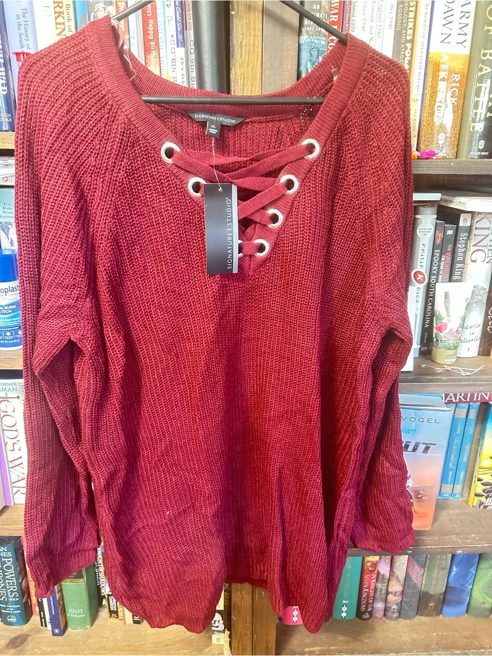 Signature Studio Lace-Up Knit Sweater Top - Deep Red